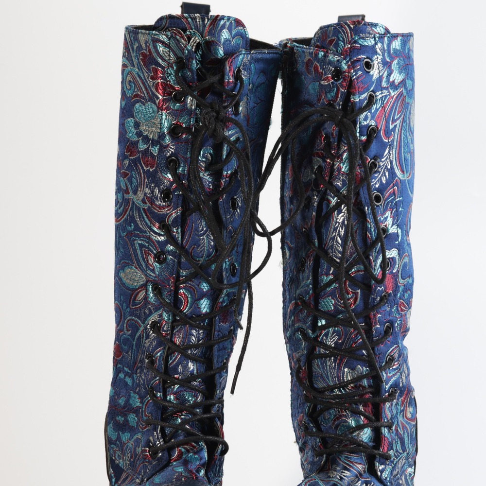 Blue Floral Brocade Lace Up Tall Boots Victorian Steampunk Mid Calf Navy Blue